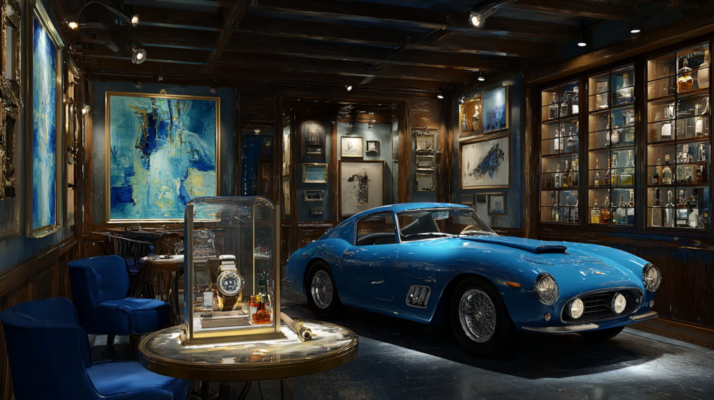 ⓒ 2026 Rich & Rich An image showcasing a collection of alternative investment assets, including a classic car, artwork, timepieces, and rare spirits.