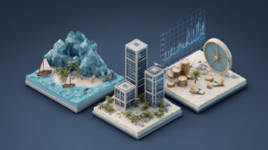 ⓒ 2026 Rich & Rich 3D isometric illustration of asset allocation portfolio with island, buildings, and coins