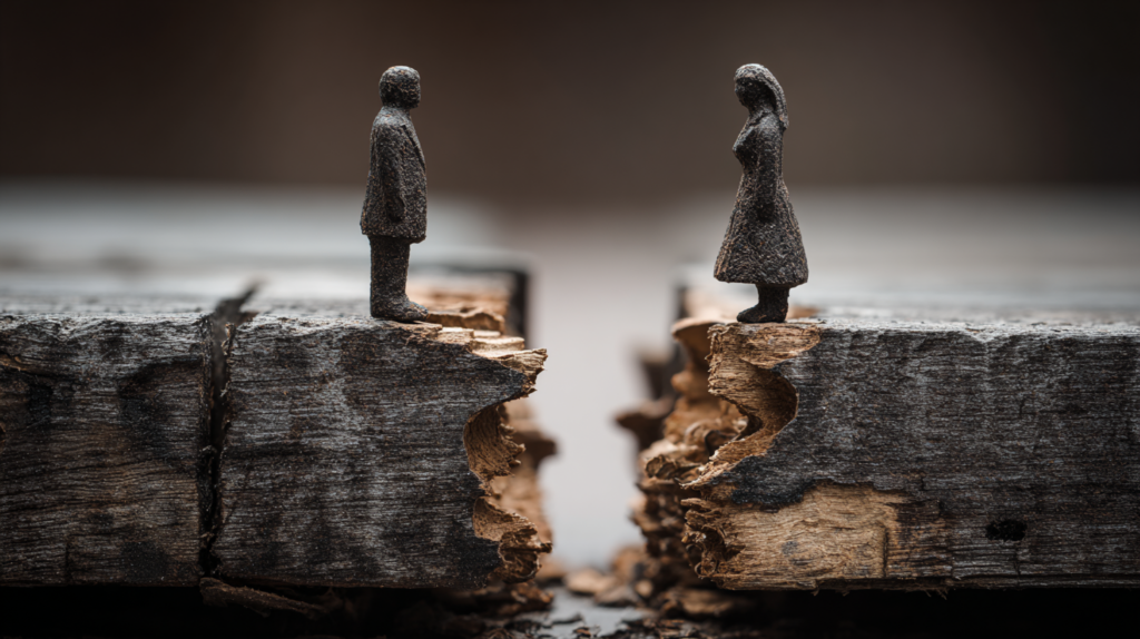 ⓒ 2026 Rich & Rich Male and female figures on a cracked wooden block symbolizing divorce and separation