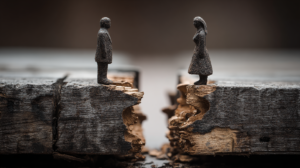ⓒ 2026 Rich & Rich Male and female figures on a cracked wooden block symbolizing divorce and separation