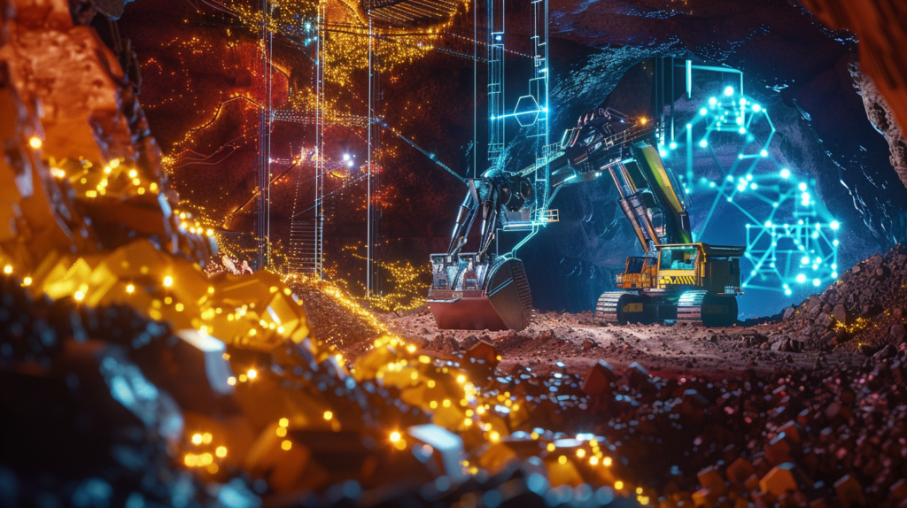 ⓒ 2026 Rich & Rich A high-tech mining site extracting critical minerals with digital data overlays.