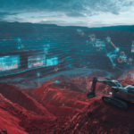 ⓒ 2026 Rich & Rich Panoramic view of a massive futuristic open-pit mine integrated with holographic screens and data networks.