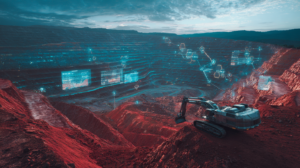 ⓒ 2026 Rich & Rich Panoramic view of a massive futuristic open-pit mine integrated with holographic screens and data networks.