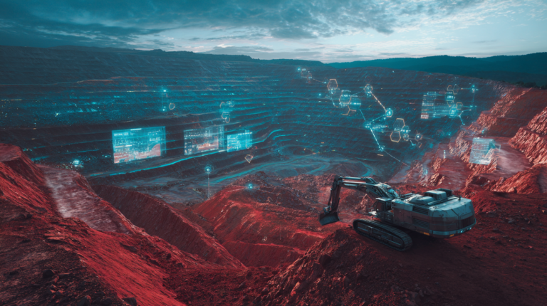 ⓒ 2026 Rich & Rich Panoramic view of a massive futuristic open-pit mine integrated with holographic screens and data networks.