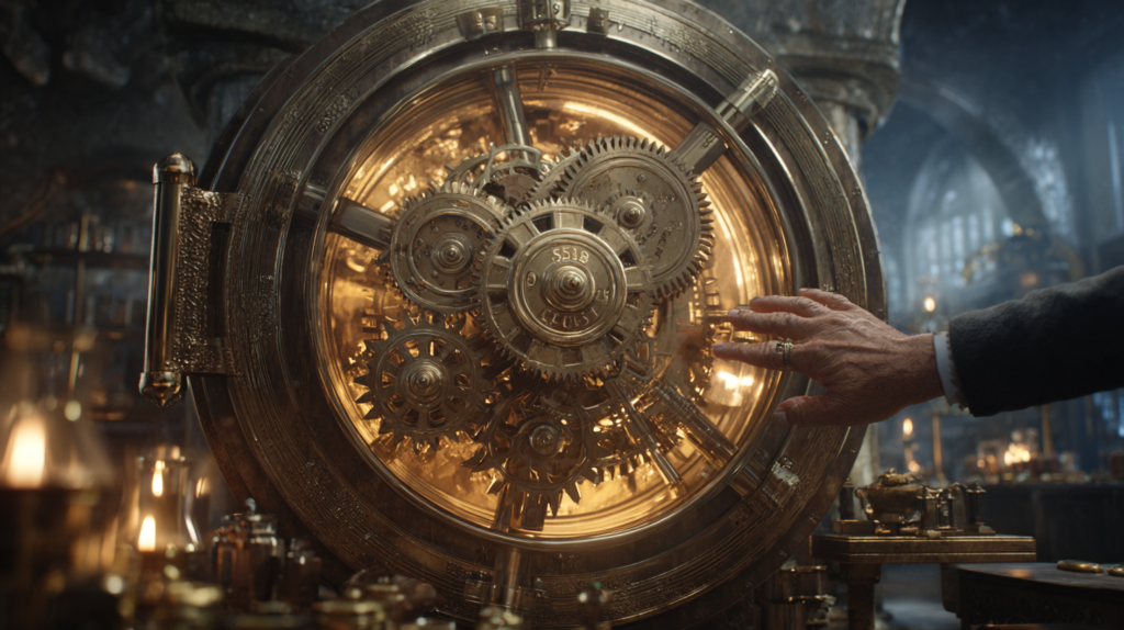 ⓒ 2026 Rich & Rich A hand touching a massive golden mechanical safe with intricate Renaissance-style gears.
