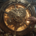 ⓒ 2026 Rich & Rich A hand touching a massive golden mechanical safe with intricate Renaissance-style gears.