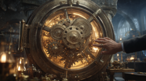 ⓒ 2026 Rich & Rich A hand touching a massive golden mechanical safe with intricate Renaissance-style gears.