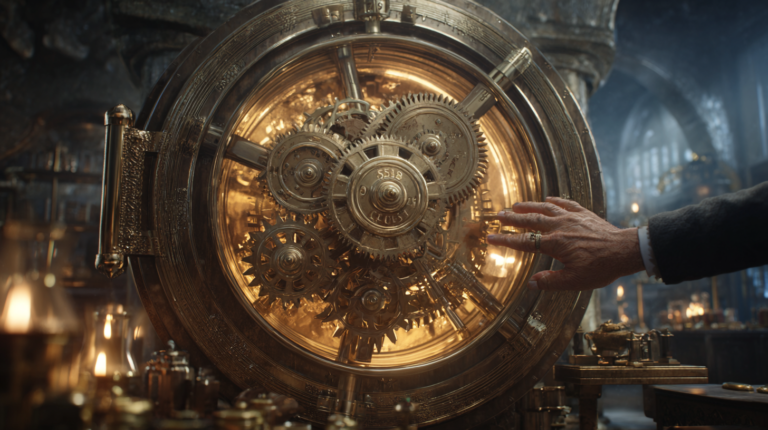 ⓒ 2026 Rich & Rich A hand touching a massive golden mechanical safe with intricate Renaissance-style gears.