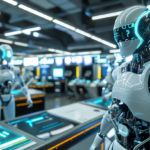 ⓒ 2026 Rich & Rich Humanoid robots inside a cutting-edge automated facility featuring holographic data and control panels.