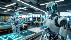 ⓒ 2026 Rich & Rich Humanoid robots inside a cutting-edge automated facility featuring holographic data and control panels.