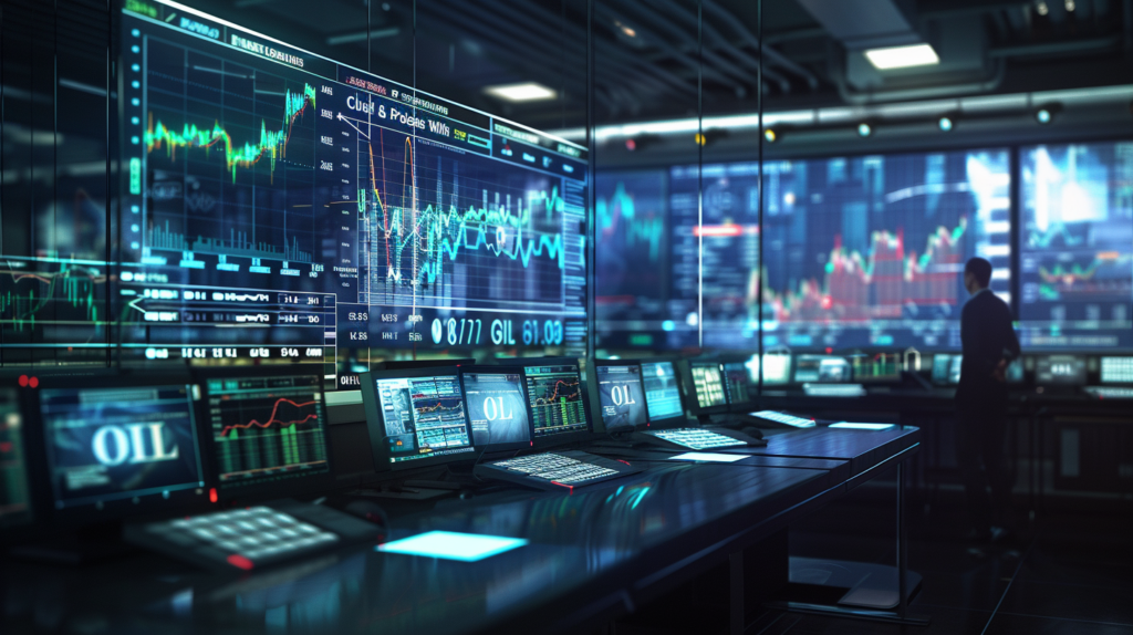 ⓒ 2026 Rich & Rich A state-of-the-art futuristic financial control room visualizing global energy and market data.