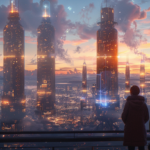 ⓒ 2026 Rich & Rich Two figures look out from a balcony at a futuristic city powered by massive, glowing SMR towers at dusk.