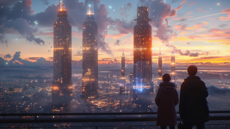 ⓒ 2026 Rich & Rich Two figures look out from a balcony at a futuristic city powered by massive, glowing SMR towers at dusk.