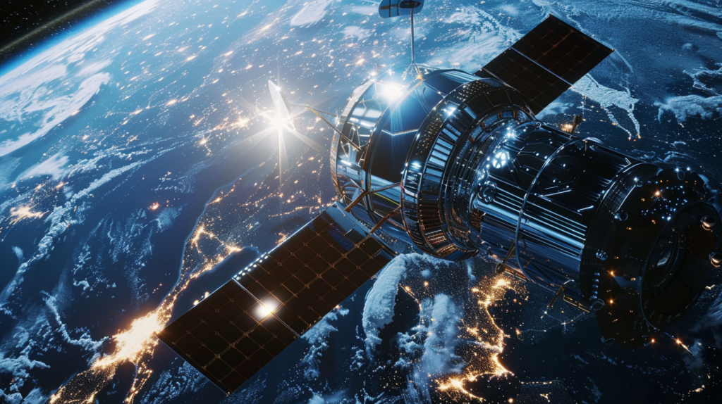 ⓒ 2026 Rich & Rich A detailed view of low-earth orbit satellite infrastructure connecting the world via high-speed networks.