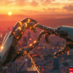 ⓒ 2026 Rich & Rich Over a blurred city, two distinct mechanical robotic hands reach out, their fingertips almost touching, in a style reminiscent of Michelangelo's 'The Creation of Adam'.