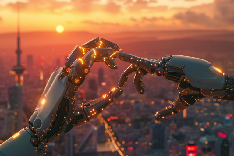 ⓒ 2026 Rich & Rich Over a blurred city, two distinct mechanical robotic hands reach out, their fingertips almost touching, in a style reminiscent of Michelangelo's 'The Creation of Adam'.