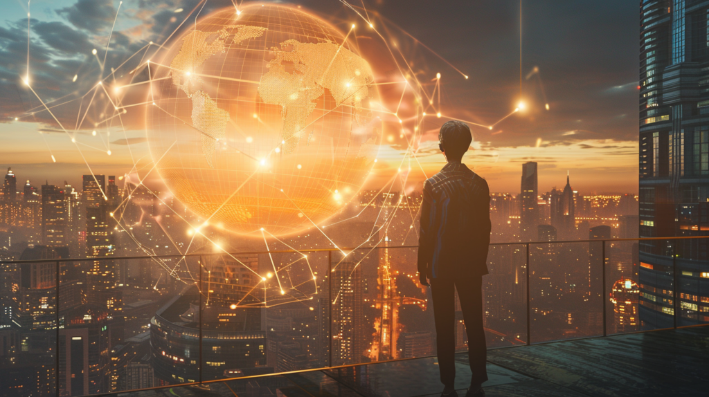 ⓒ 2026 Rich & Rich An elegant person stands on a balcony overlooking a futuristic global cityscape at sunset, viewing a massive glowing holographic globe displaying complex network connections.