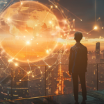 ⓒ 2026 Rich & Rich An elegant person stands on a balcony overlooking a futuristic global cityscape at sunset, viewing a massive glowing holographic globe displaying complex network connections.