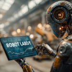 ⓒ 2026 Rich & Rich An advanced humanoid robot analyzing "Robot Labor" metrics and financial charts on a digital tablet.
