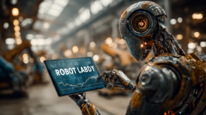 ⓒ 2026 Rich & Rich An advanced humanoid robot analyzing "Robot Labor" metrics and financial charts on a digital tablet.