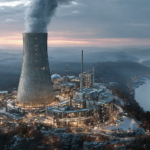 ⓒ 2026 Rich & Rich Aerial view of a clean and futuristic Small Modular Reactor (SMR) power plant by a river.