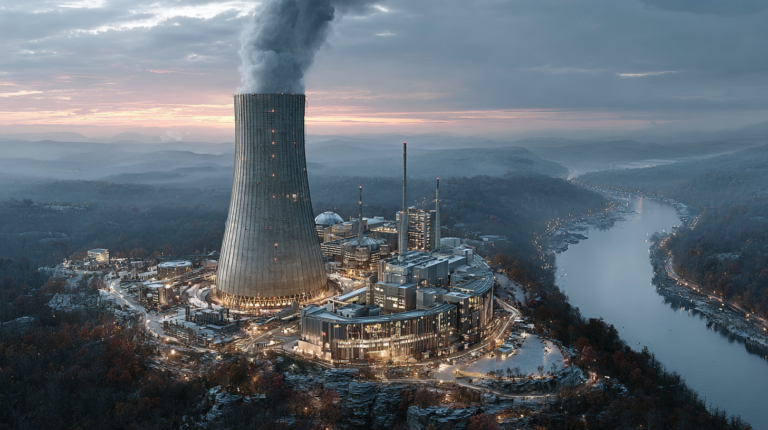 ⓒ 2026 Rich & Rich Aerial view of a clean and futuristic Small Modular Reactor (SMR) power plant by a river.