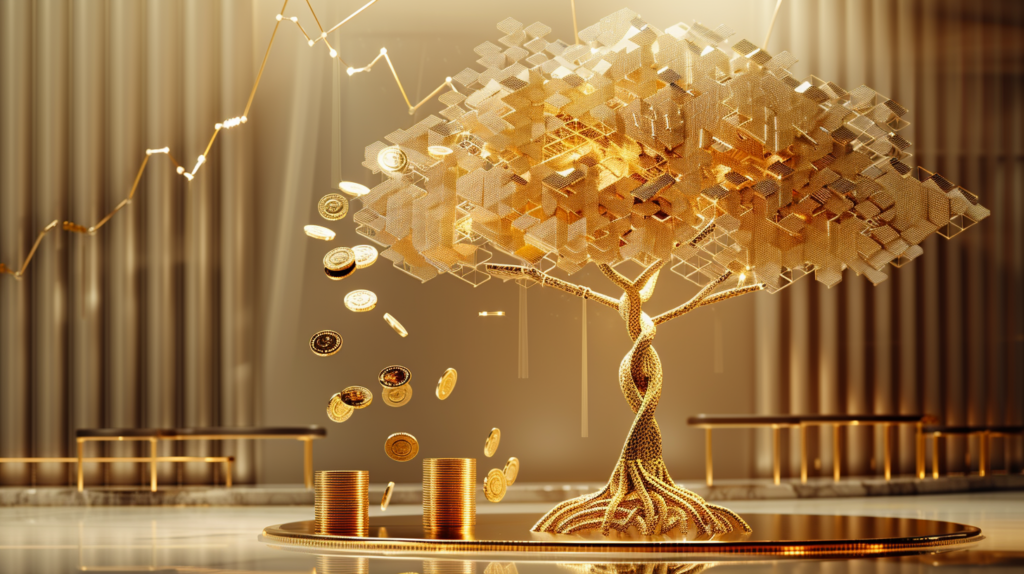 ⓒ 2026 Rich & Rich An elegant and modern image featuring a geometric golden tree and scattering coins, symbolizing the growth of wealth and the power of compounding.