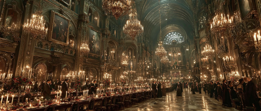 ⓒ 2026 Rich & Rich A grand and majestic scene in a magnificent banquet hall filled with chandeliers and portraits, where numerous family members are gathered.