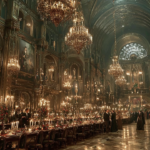 ⓒ 2026 Rich & Rich A grand and majestic scene in a magnificent banquet hall filled with chandeliers and portraits, where numerous family members are gathered.