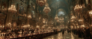 ⓒ 2026 Rich & Rich A grand and majestic scene in a magnificent banquet hall filled with chandeliers and portraits, where numerous family members are gathered.