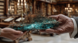 ⓒ 2026 Rich & Rich A scene showing hands holding a detailed miniature city emitting blue light, symbolizing the transfer of family systems and generational completion.