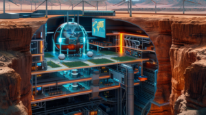 ⓒ 2026 Rich & Rich A detailed cutaway illustration of a futuristic underground energy hub and city built into a desert canyon.